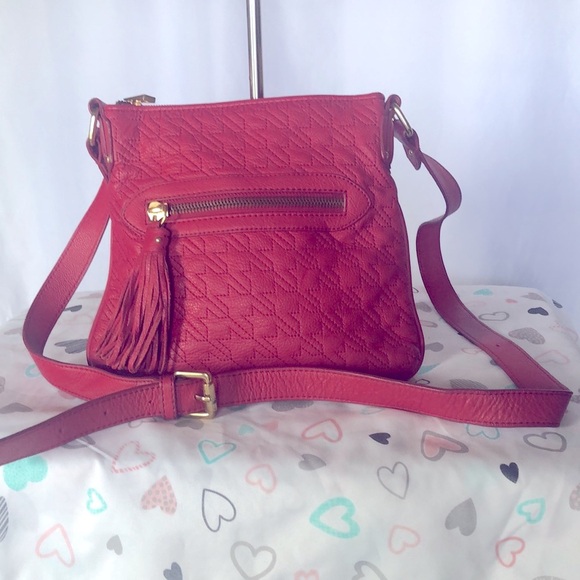 Red genuine leather quilted design crossbody w/ adjustable strap. Gold hardware. - Picture 2 of 15